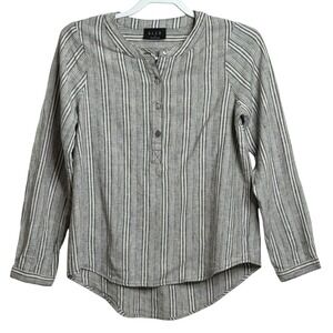 B.L.E.U. Striped Henley Blouse Long Sleeve Casual Grey Womens Small